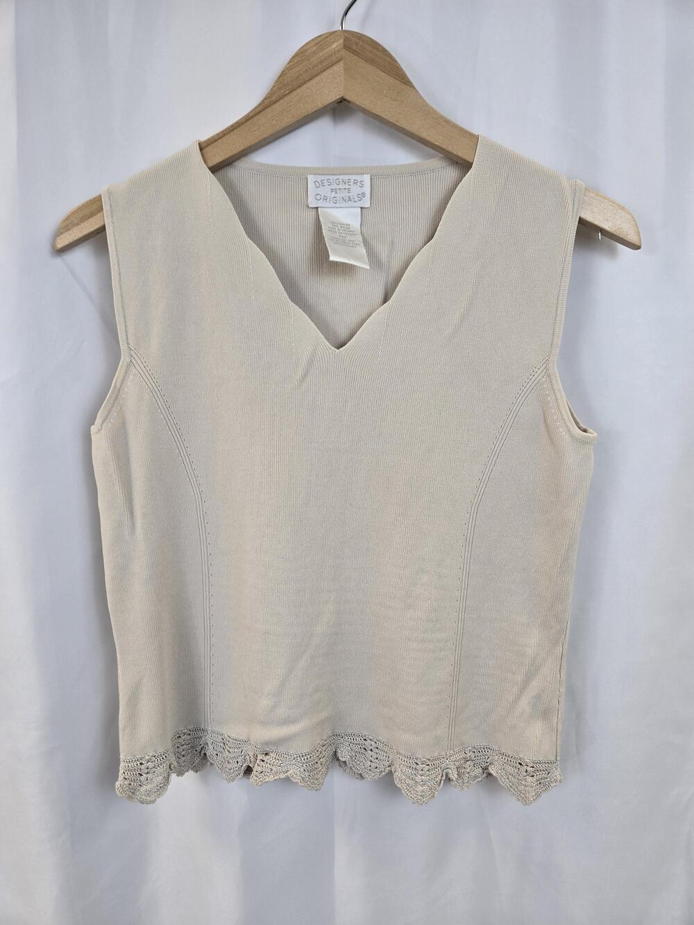 Designers Petite Originals Sweater Womens Petite Medium Beige V Neck Crochet
